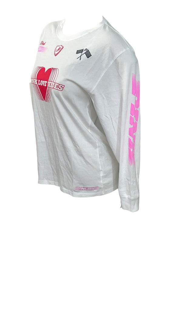 Victoria's Secret Pink Cotton Campus Long Sleeve Oversize Crew Neck Tee Color White Racing NWT