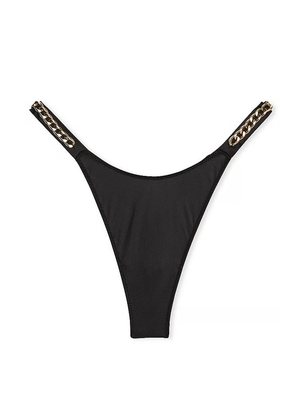 Victoria's Secret Chain Shine Strap Smooth Thong Panty Color Black/Gold NWT