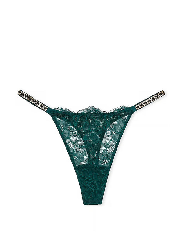 Victoria's Secret Rhinestone Lace Shine Strap Thong Panty Color Green NWT