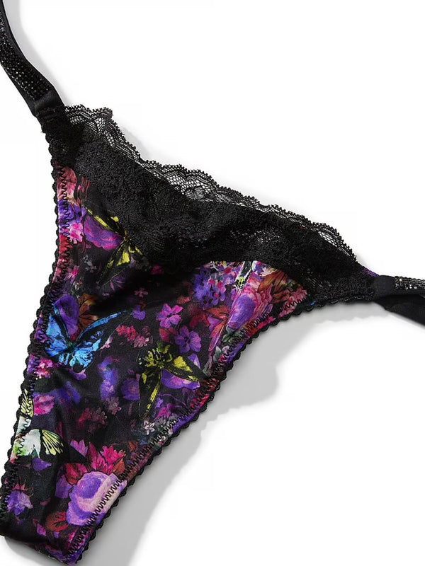 Victoria's Secret Rhinestone Lace Shine Strap Thong Panty Multicolor/Floral NWT