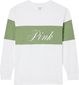 Victoria's Secret Pink Cotton Long Sleeve Oversize Crew Neck Tee Color White/Green NWT