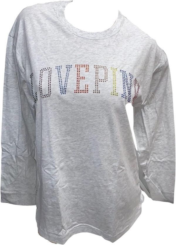 Victoria's Secret Pink Campus Tee Long Sleeve Crew Neck Rhinestone Color Gray Rainbow Size X-Large New