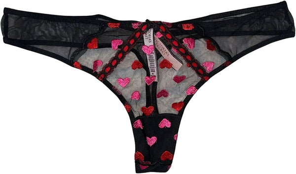 Victoria's Secret Heart Embroidery Thong Panty Color Black Size Large NWT