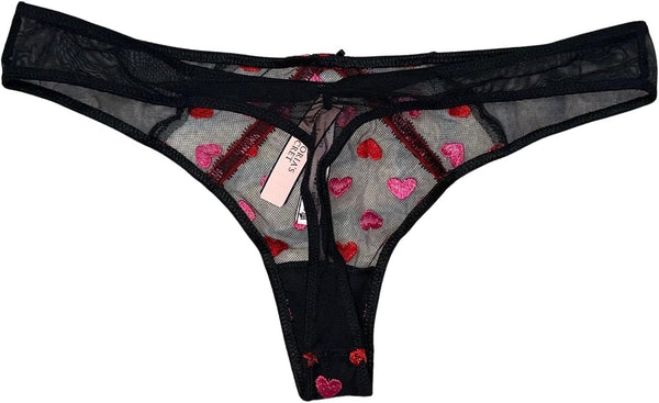 Victoria's Secret Heart Embroidery Thong Panty Color Black Size Large NWT