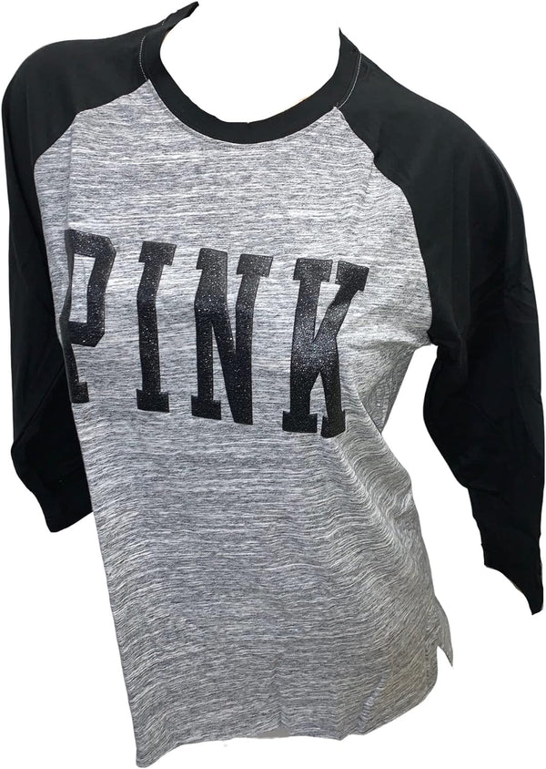 Victoria's Secret Campus Baseball Glitter Tee 3/4 Sleeve Color Gray/Black/Shine Size X-Large New